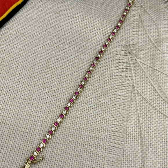 Vintage Gold Over 925 Sterling Silver Ruby & CZ Tennis Bracelet - Picture 9 of 16